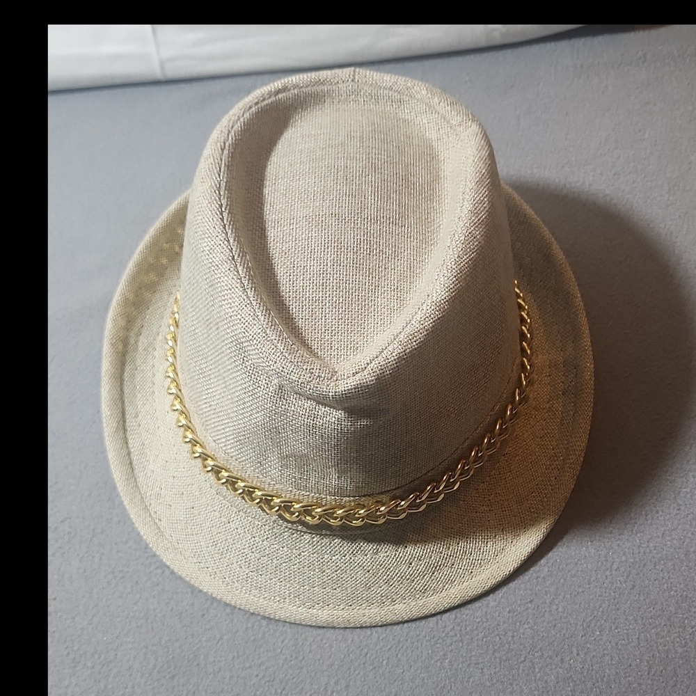 Men's Beige Fedora Hat with Gold Chain Band, Solid Pattern, One Size